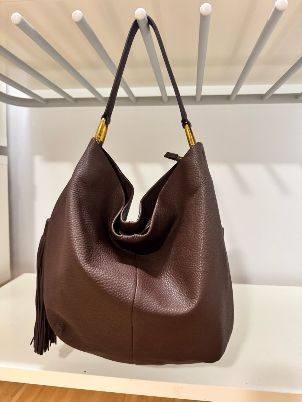 Classic Brown Leather Hobo Tote with Tassel - Picture 2 of 7